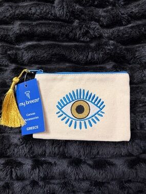 Beige Canvas Eye Zip Pouch with Blue Embroidery
